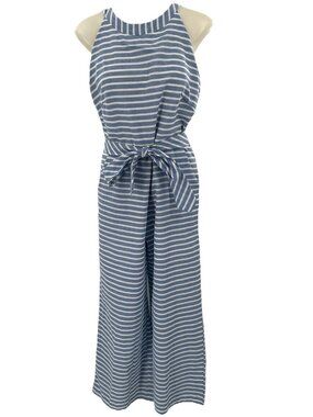 Prettygarden Jumpsuit  Wide-Leg Blue StripedSleeveless Belted Pockets Small